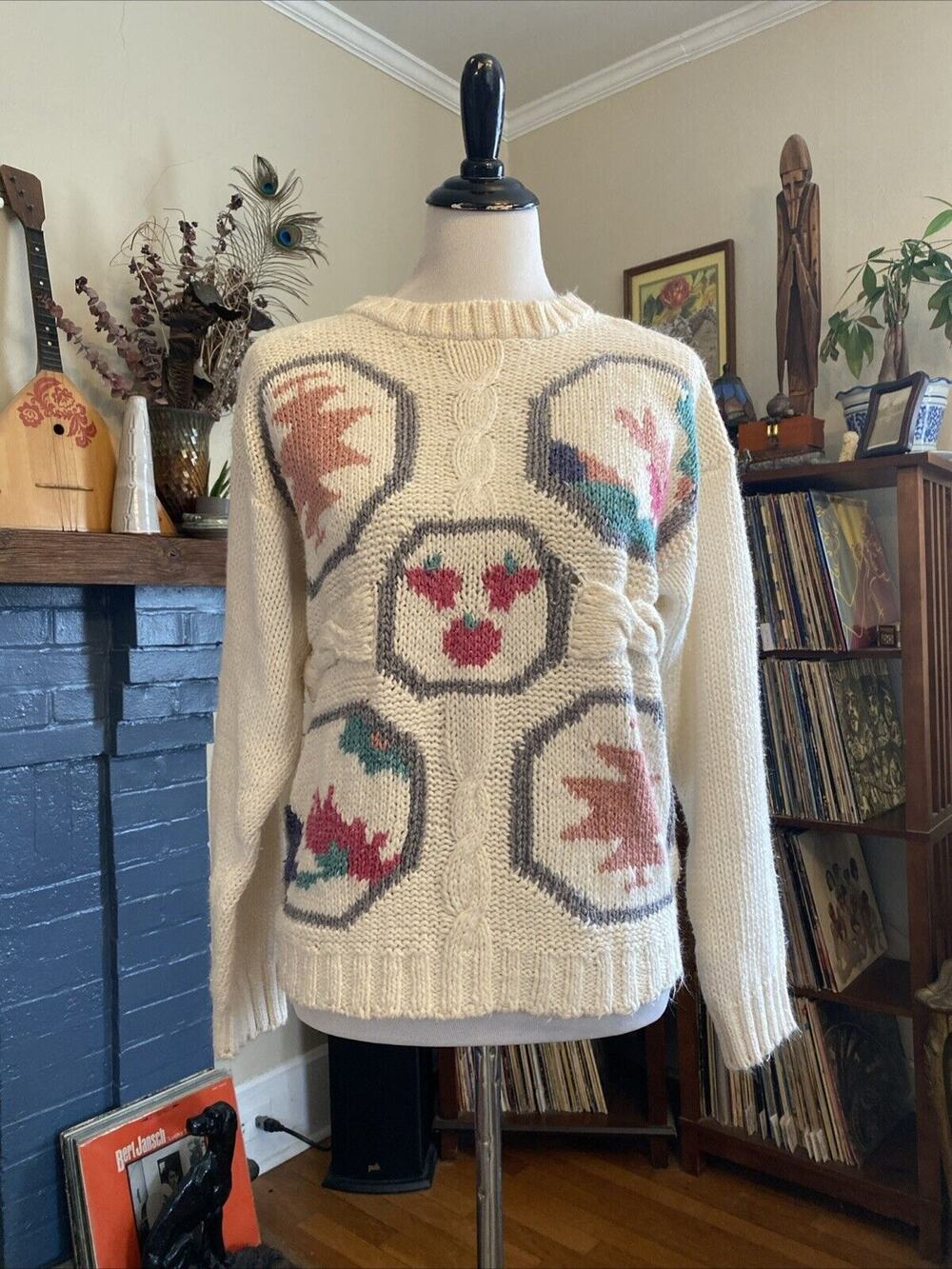 Vintage Cabin Creek White Cable Knit Sweater M Cottagecore Aztec Floral 90s Y2k